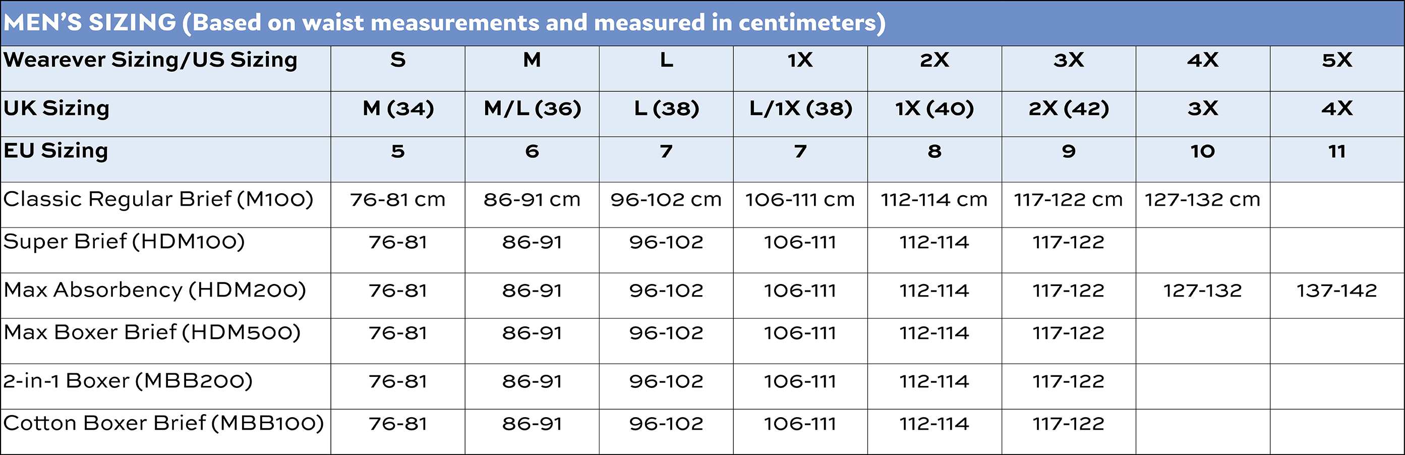 Wearever Size Chart