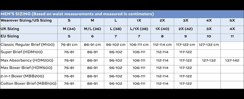 Wearever Mens Sizing Chart