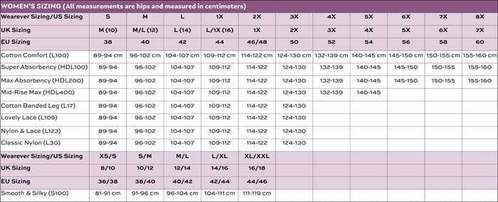 Wearever Womens Sizing Chart